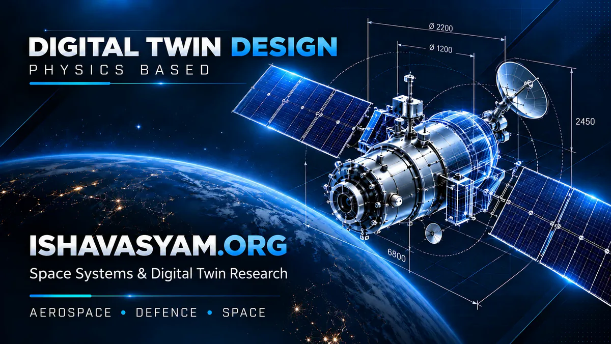 Digital Twin Design, physics based — ISHAVASYAM.ORG, Space Systems & Digital Twin Research; Aerospace, Defence, Space. Illustrative artwork of a dimensioned satellite above Earth, rendered half as a metal model and half as a wireframe.