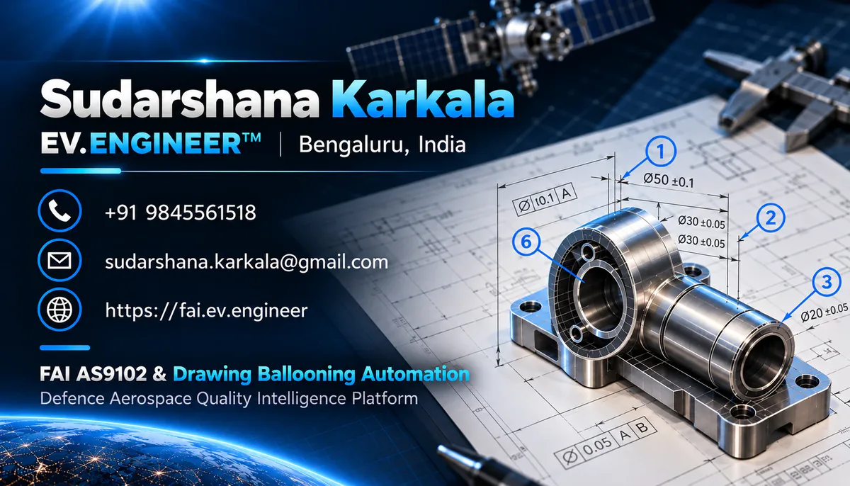 Sudarshana Karkala, EV.ENGINEER™, Bengaluru, India — FAI AS9102 & Drawing Ballooning Automation, Defence Aerospace Quality Intelligence Platform, fai.ev.engineer. A machined part sits on an engineering drawing whose dimensions and GD&T callouts carry numbered balloons.