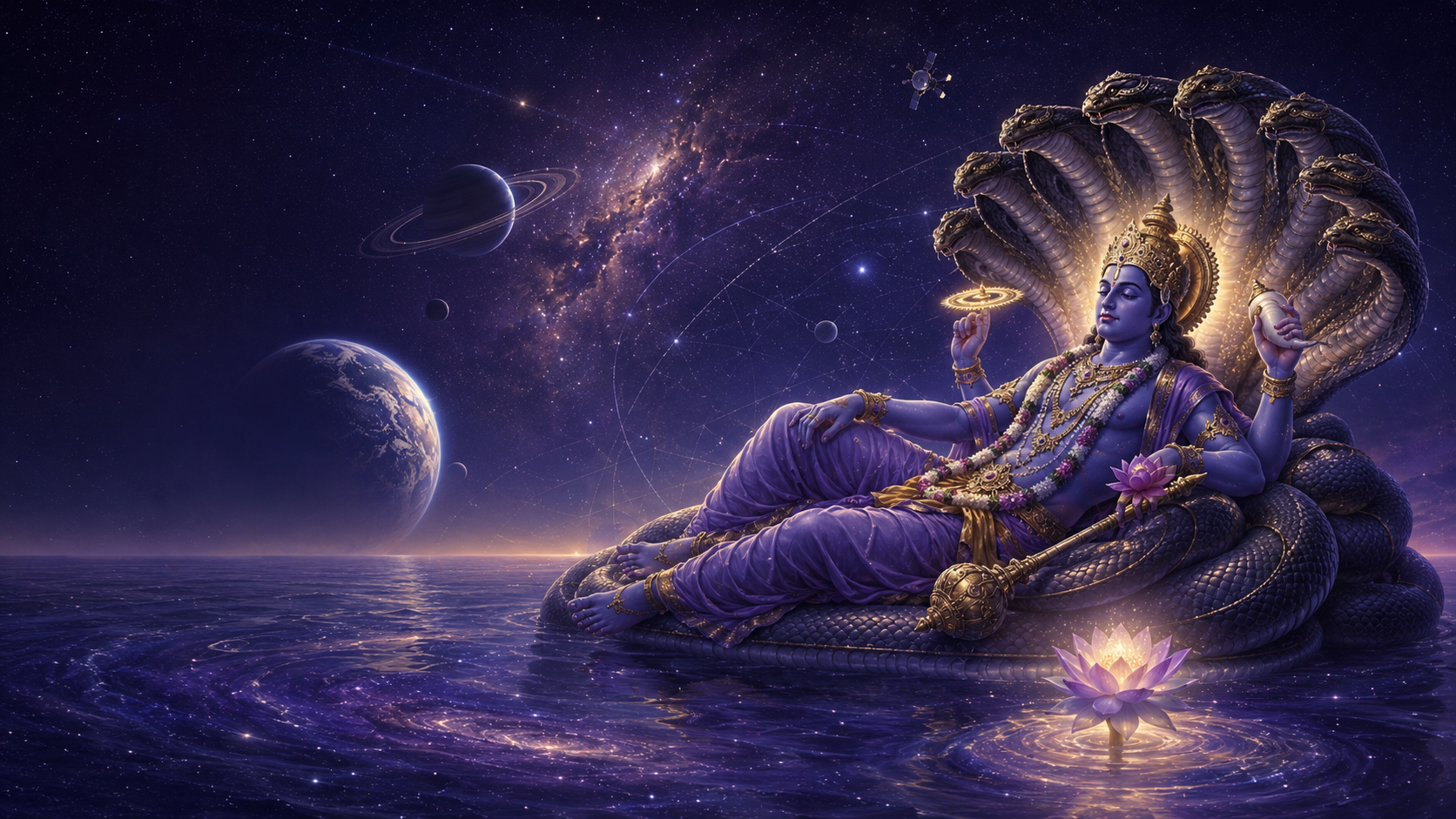 Artistic depiction of Maha Vishnu reclining upon Ananta Shesha in a cosmic ocean, surrounded by planets, stars and scientific orbital paths.