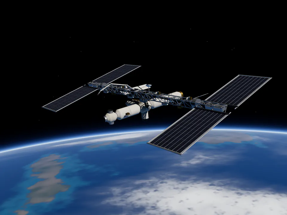 Illustrative rendering of an original conceptual space station in low Earth orbit: a triangular truss carries roll-out solar array wings, thermal radiators, external payload platforms, a communications antenna and a robotic arm above a stack of pressurised modules with docking ports, seen above Earth's blue atmospheric limb.